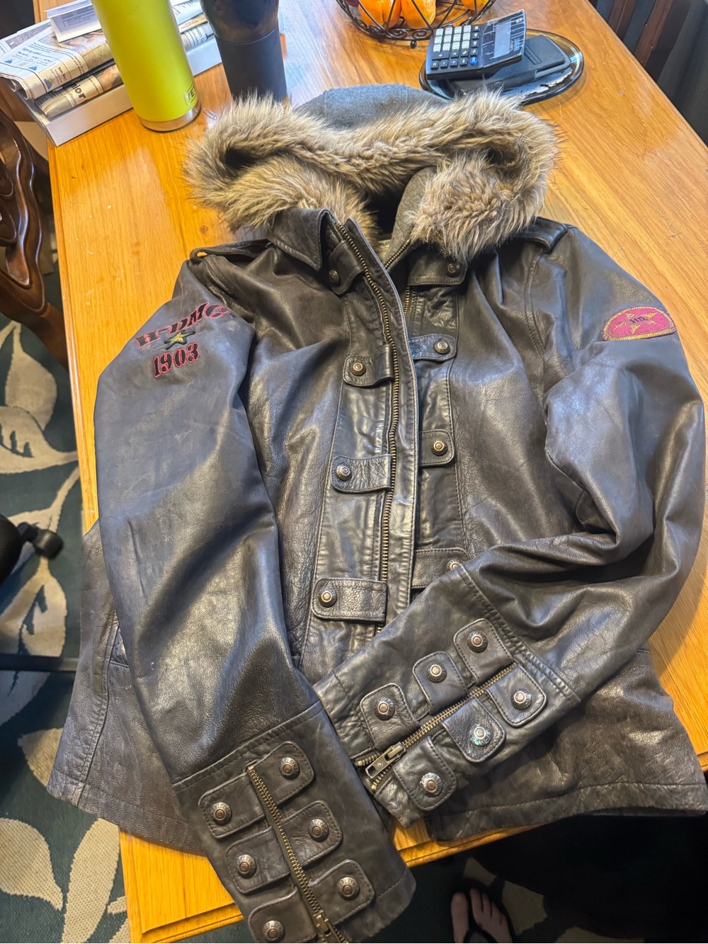 Harley-Davidson Brown Leather Hooded Jacket with Fur Trim, Aviator Motorcycle